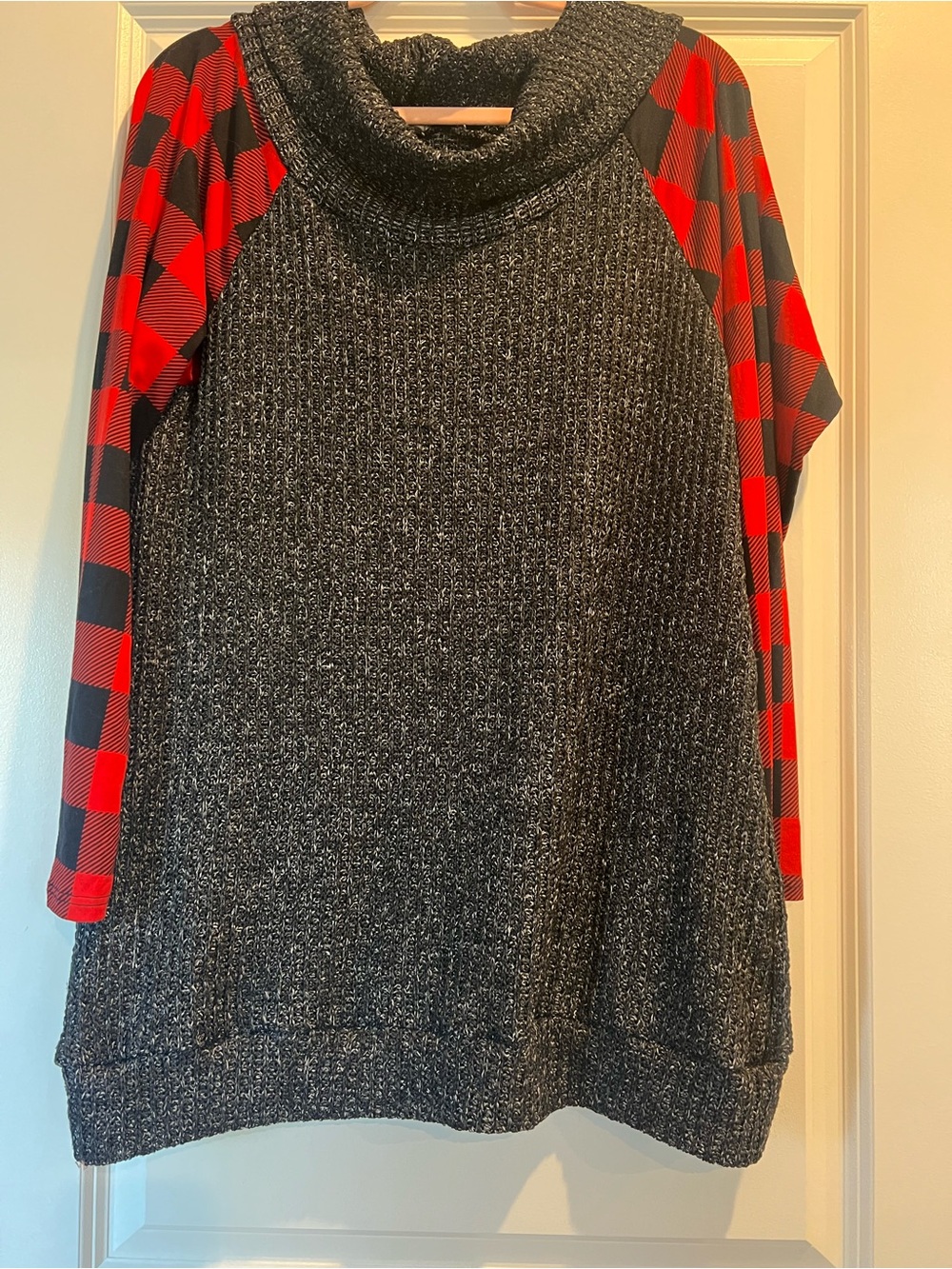 Blumin Charcoal Cowl Neck Sweater with Red Plaid Sleeves